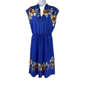 IFI Vintage Dress Blue Polkadot Floral Sleeveless Tie Belt Knee Womens Medium